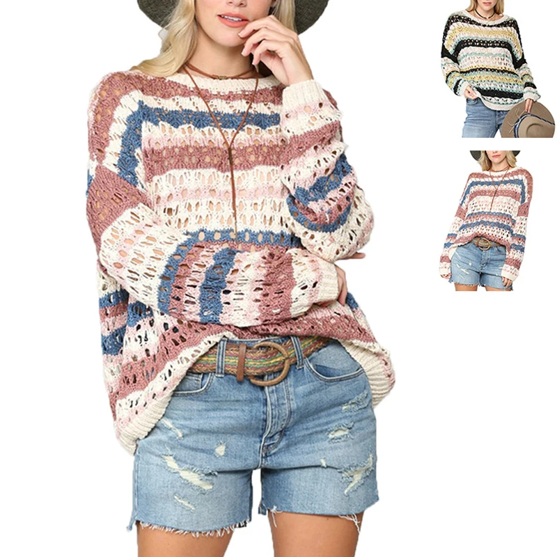 

Autumn Women Patchwork Sweater Color Hollow Striped Pullover Women's Blouse Round Neck Jumpers 2021 New Female Pullovers