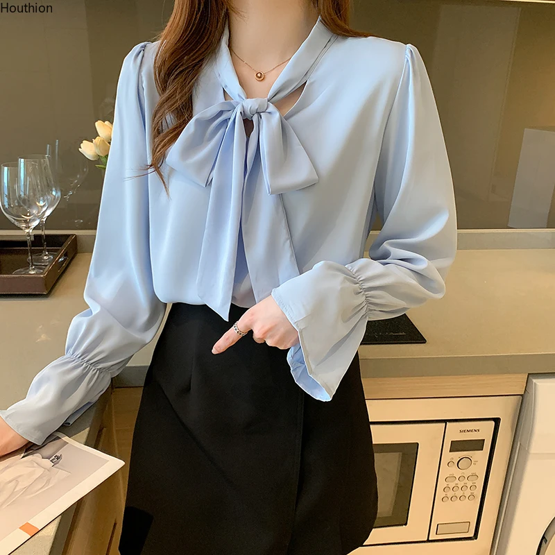 

Summer New Women's Blouses V-neck Shirt Long Sleeve Tops Solid Color Blouse Girl Streamers Casual Fashion Lady Loose