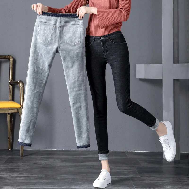 

2019 Winter Jeans Women Gold Fleeces Inside Thickening Denim Pants High Waist Warm Trousers Female jeans woman Pants Plus size