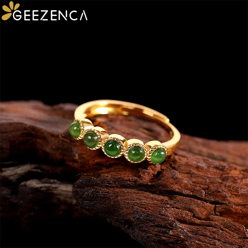 

GEEZENCA 925 Sterling Silver Gold Plated Jasper Women's Ring Simple Trendy Natural Green Jade Open Rings Fine Jewelry Party Gift