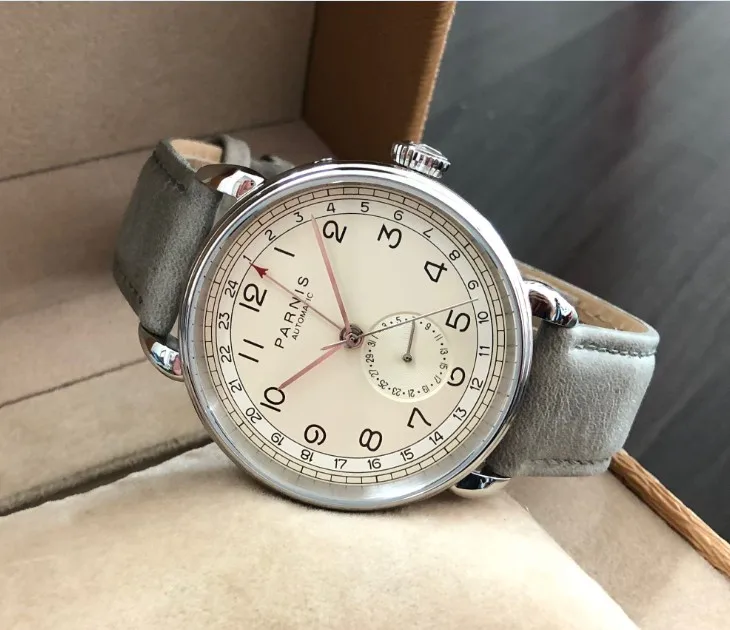 Новый PARNIS 42 мм GMT автоматический самоветер движение Мужские часы Авто Дата