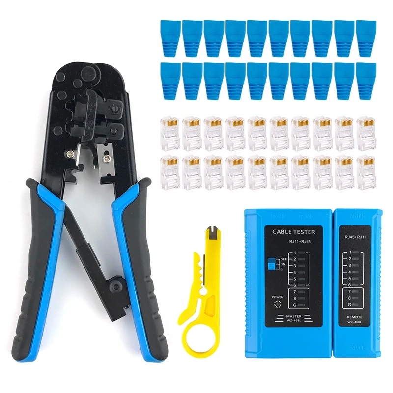 

RJ45 Crimp Tool Kit Cat5 Cat5E Ethernet Crimping Tool, RJ-11, 6P/RJ-12, 8P/RJ-45 Crimp, Cut and Strip Tool