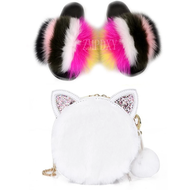 Тапки женские из натурального Лисьего меха модные пушистые меховые шлепанцы