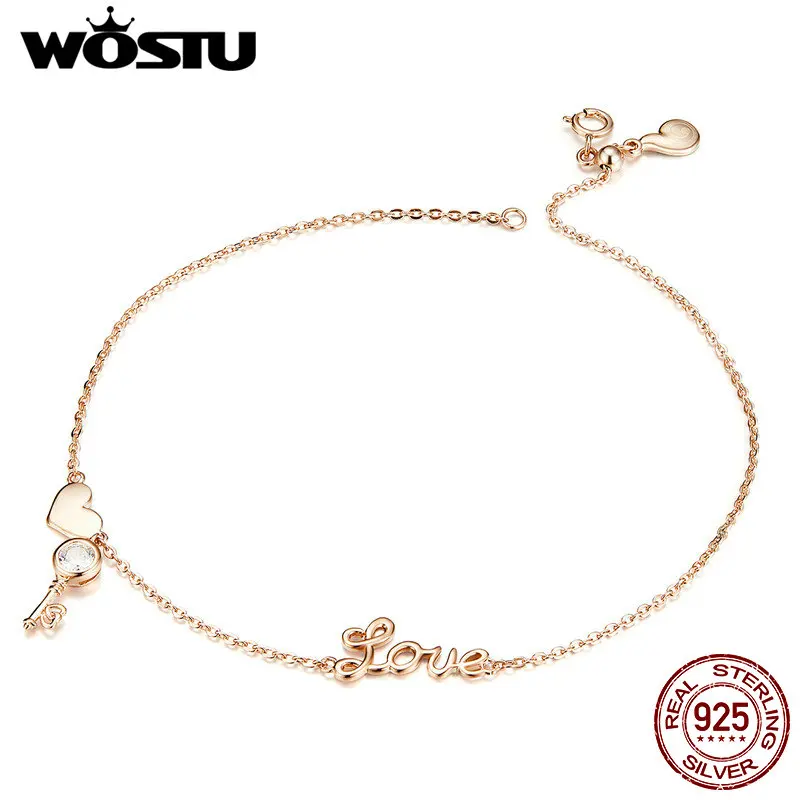 WOSTU 100% Настоящее серебро 925 пробы сердечко ножной браслет классический розовый