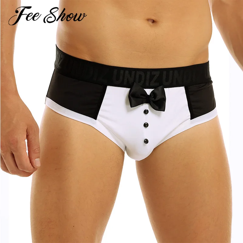 

Gay Mens Soft Lingerie Color Splice Cute Tuxedo Briefs Underwear Sexy Men's Low-rise Breathable Briefs Underwear with Bowknot