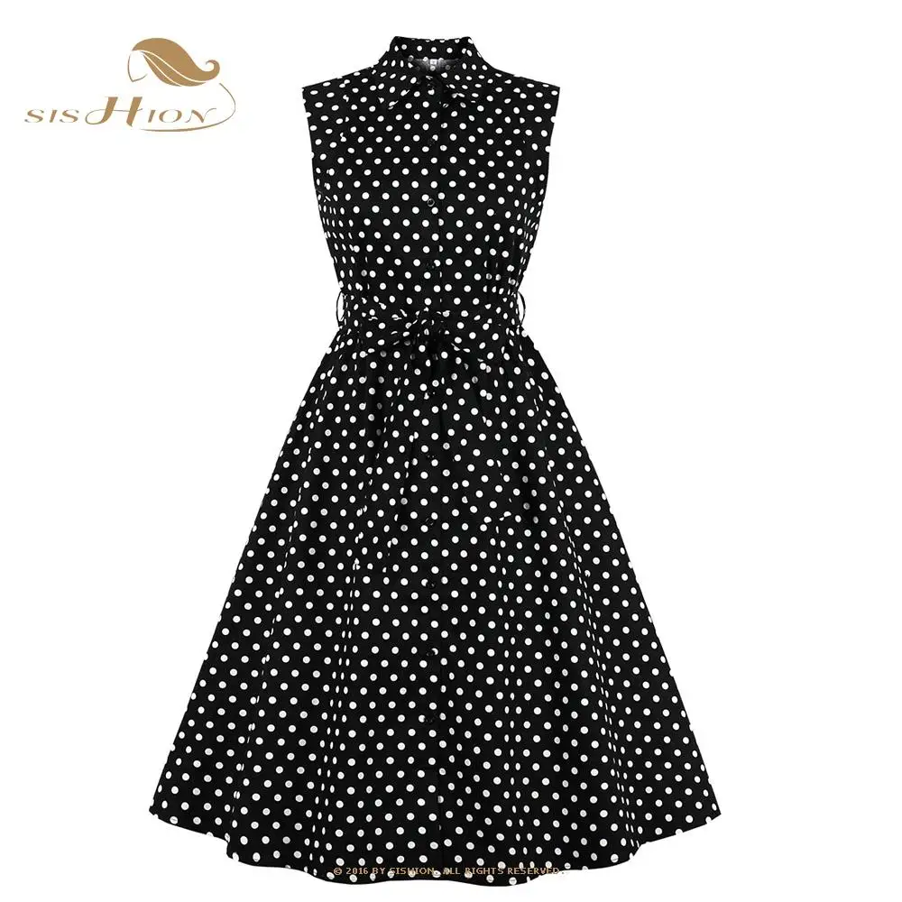 

SISHION 2022 Sleeveless Polka Dots Summer Black Dress VD1921 Tunic A Line Swing Cotton Retro 50s 60s Hepburn Vintage Dresses