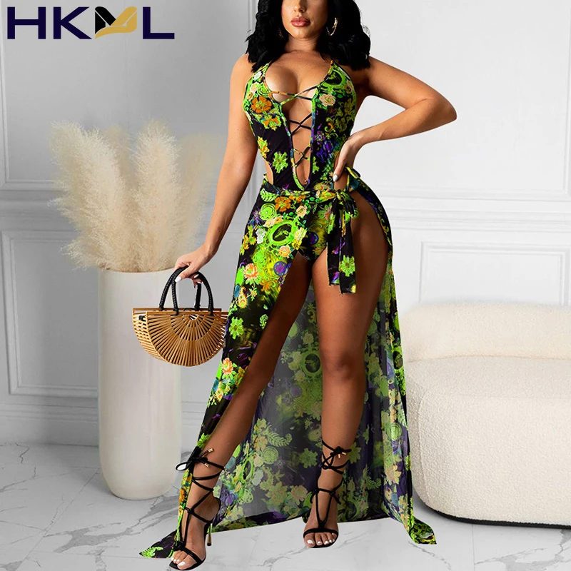 

2021 Women Suits Backless High Slit Suits Lace Up Bodysui Floral Printed Summer Fashion Sexy Beach Suits