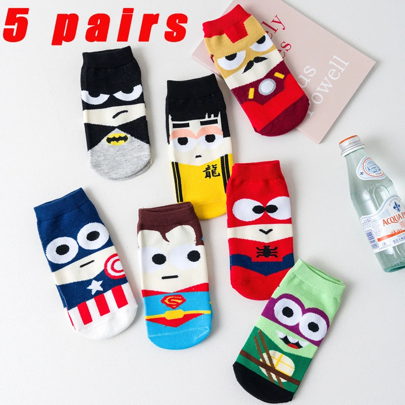 

New Men's Socks Men's Cotton Boat Sock Cartoon Superhero Socks Low Tube Socks 5 Pairs/lot Superheroes Socks