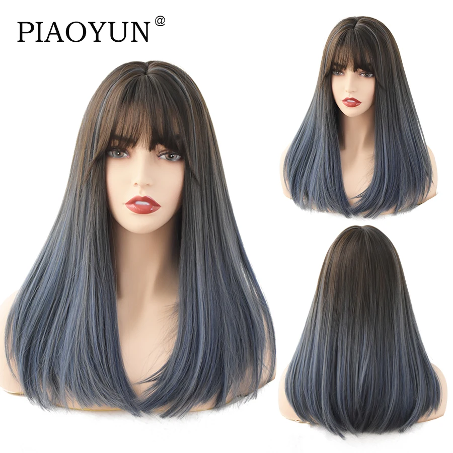 

New Arrive Wig With Bang Blue & Black Long Wigs For Women Semi-Handmade Exquisite Heat Resistant Wigs Wholesale