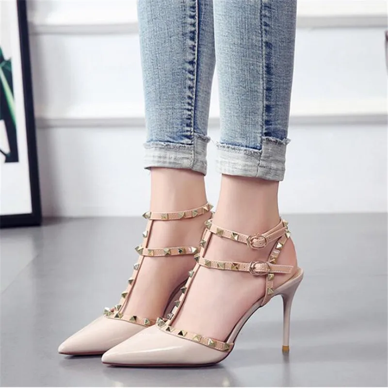 Женская обувь Дамская Горячая Распродажа 9 см шпильки с острым носком заклепками