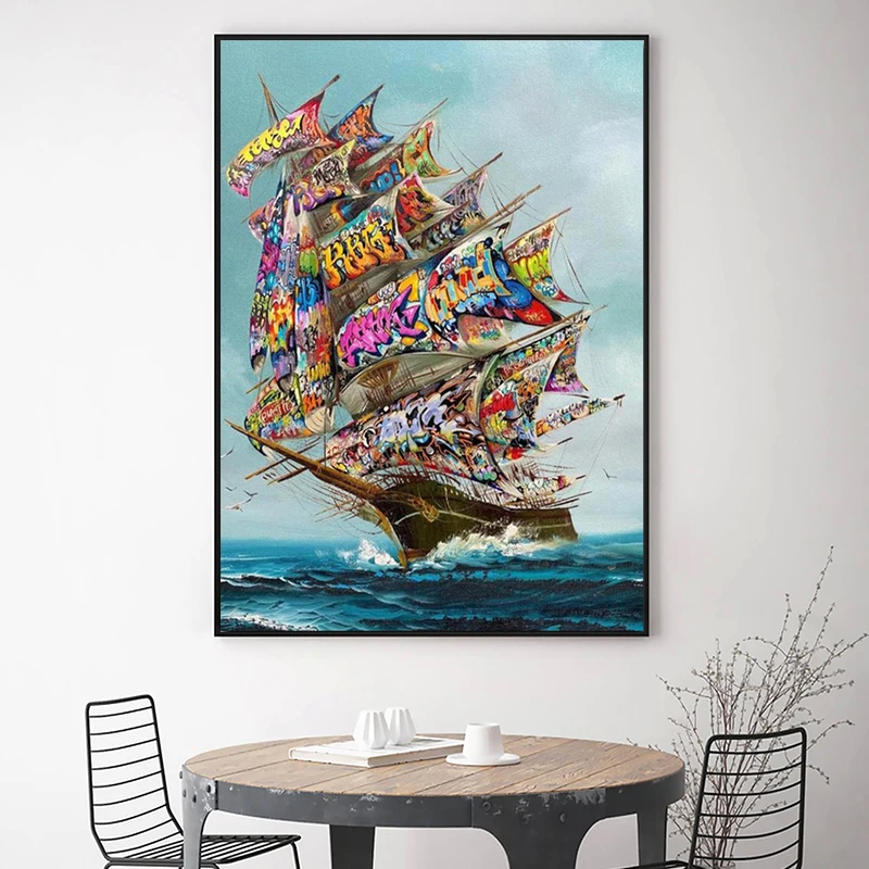 

Nordic Graffiti Art Vintage Pirate Ship Storm on The Canvas Painting Posters and Prints Wall Art Picture for Living Room Art