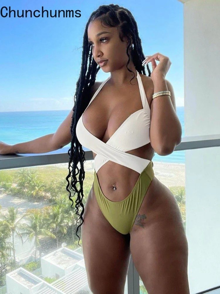 

Summer Swimwear Sexy Women Hollow Out Patchwork Bathing Suit New Halter Backless Bandage Female One Piece Swimsuit 2021