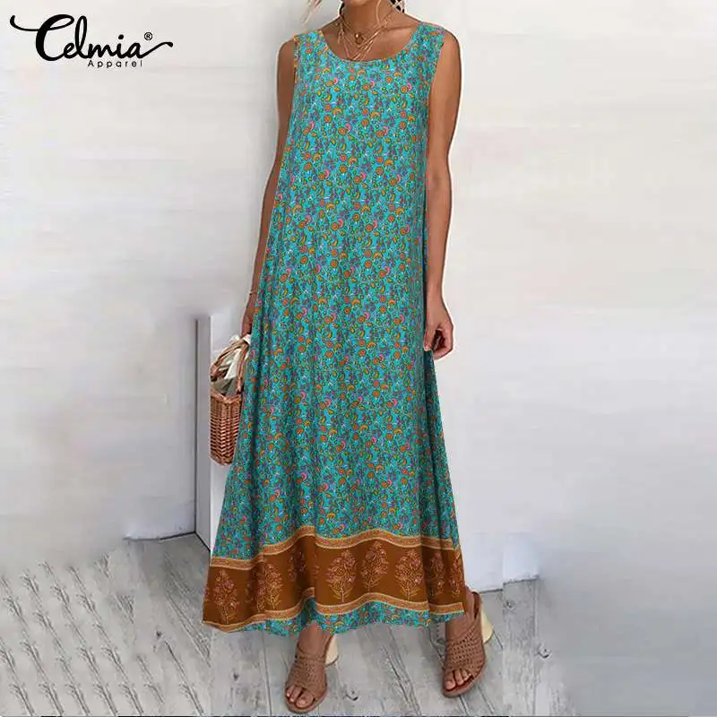 

2021 Fashion Long Robe Celmia Women Holiday O-neck Sundress Floral Print Party Maxi Dress Summer Sleeveless Casual Vestidos