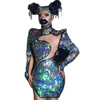 shining sequins half high collar elastic bodycon dresses asymmetrical perspective gauze singer costumes women party dress