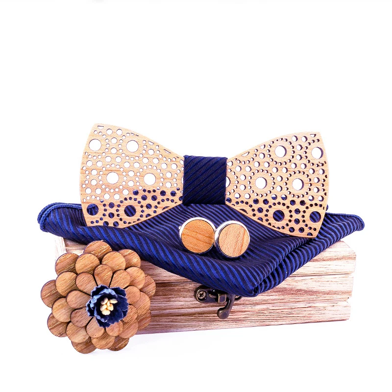 

New Design Wooden Bow Tie Women Wood Bowtie Pocket Square Brooch Cufflinks Set for Mens Weddiing Female Bowtie Adjustable Tie