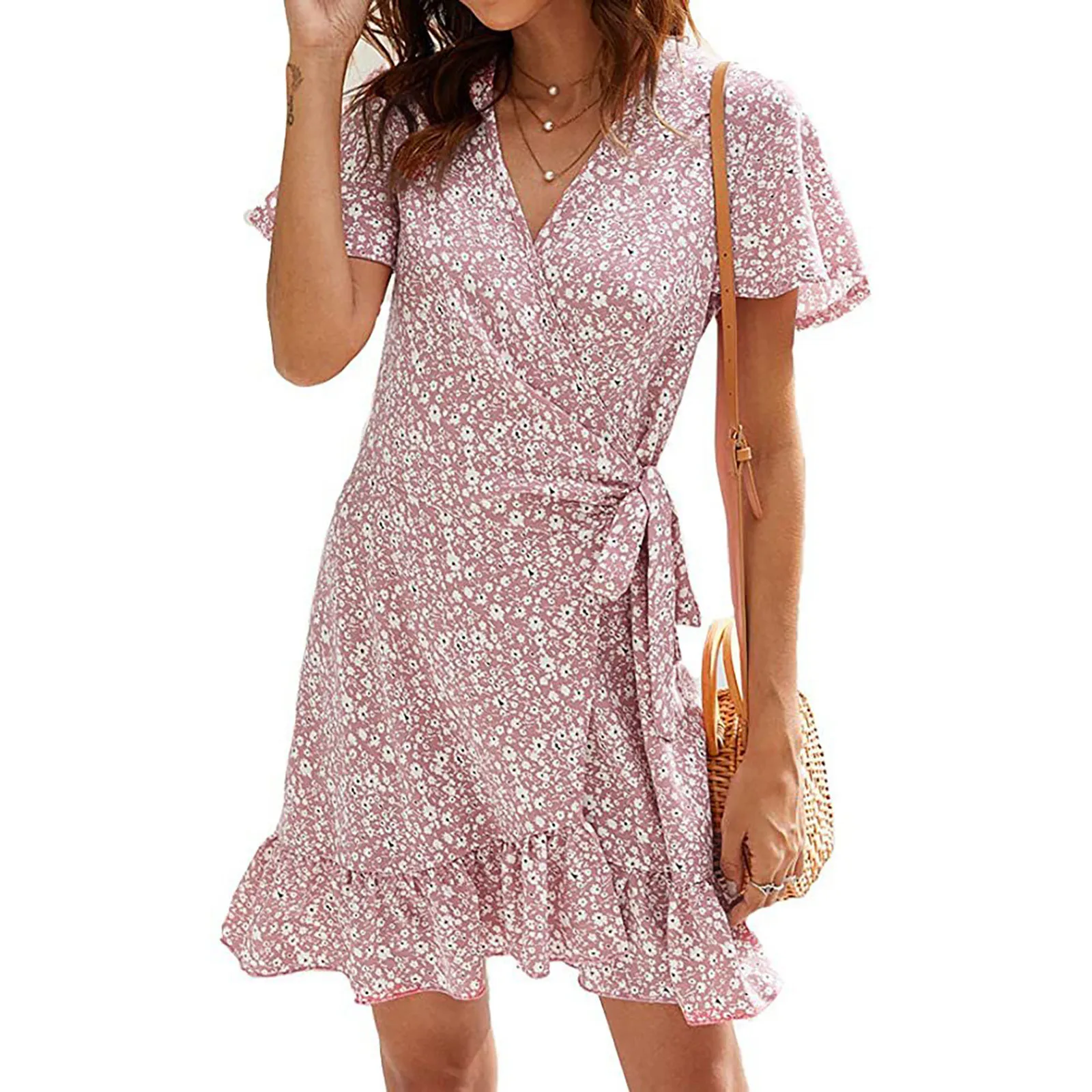 

Autumn Vintage Short Sleeve Pink Floral Dress Women Autumn Winter Irregular Dress 2021 Print Boho Dress Vestidos Sundress Robe