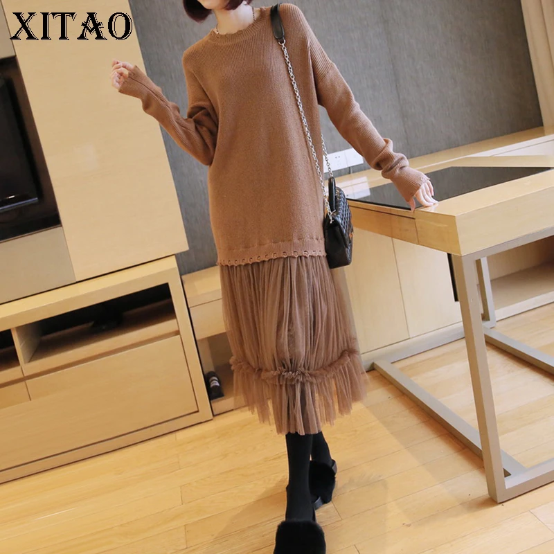 Женское платье пуловер с круглым вырезом XITAO однотонное Сетчатое составного кроя