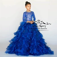 royal blue princess flower girls dresses for weddings 2021 ball gown high neck long sleeves vintage lace pageant party gowns