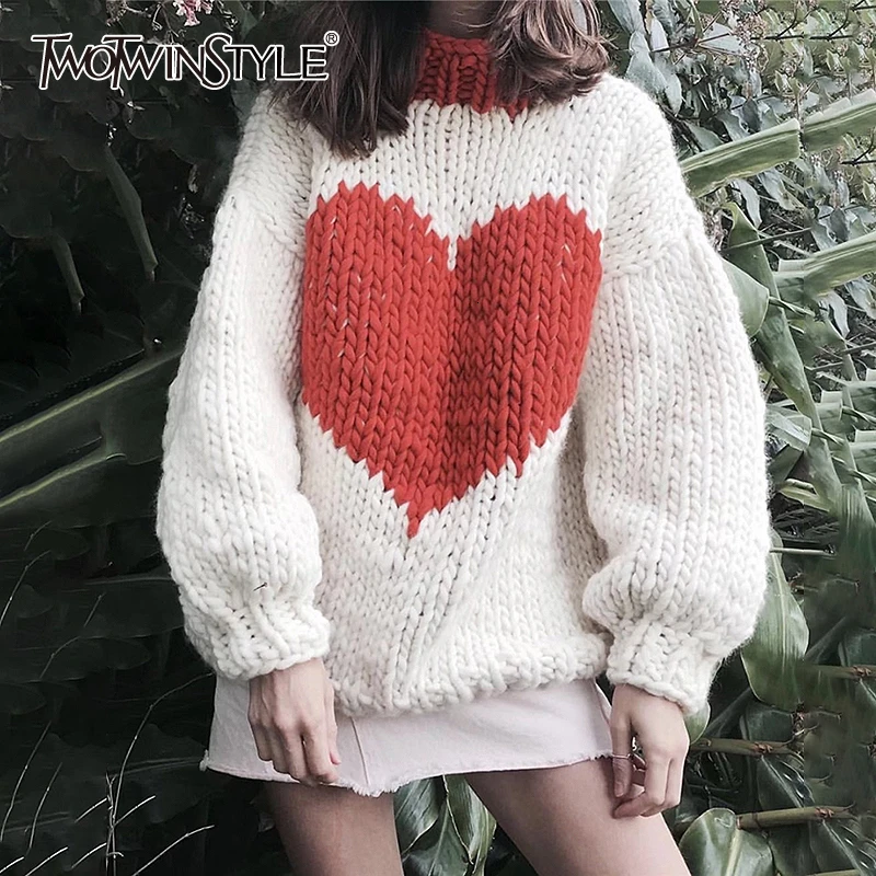 TWOTWINSTYLE Лоскутное СЕРДЦЕ хит цвет женский фонарик, свитер с длинными рукавами и круглым вырезом негабаритных женские свитера осень мода
