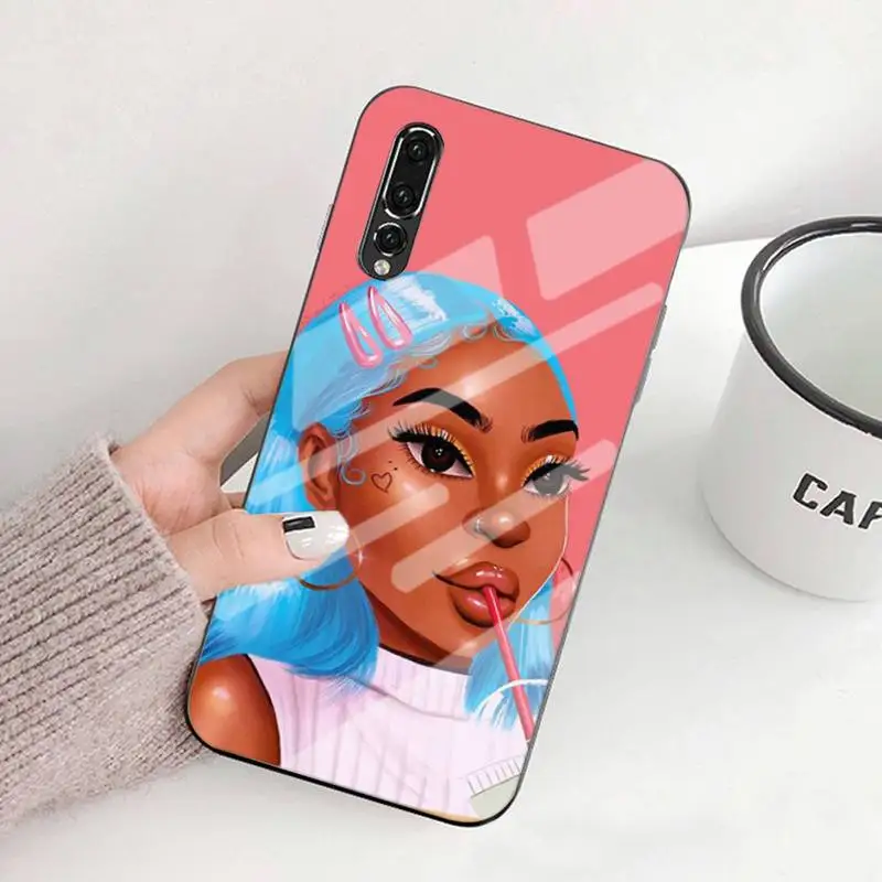 

Fashion Black Girls Phone Case Tempered Glass For Huawei P9 10 10plus 20 20Pro 30mate9 10 20 20Pro Honor8X 9 10 V10 Nova3I 5