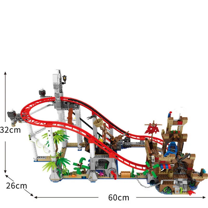 

MOC Pirate Roller Coaster Light Version Model Bricks 1572PCS Capture the Island Series Building Blocks Toy for Kids Gifts