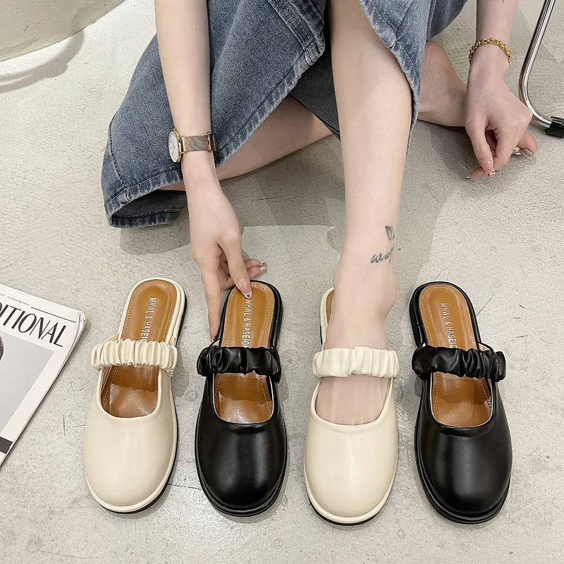 

Mules For Women 2021 Shoes Slippers Summer Slides Low Pantofle Cover Toe New Soft Flat PU Casual Basic Rome Rubber Leisure