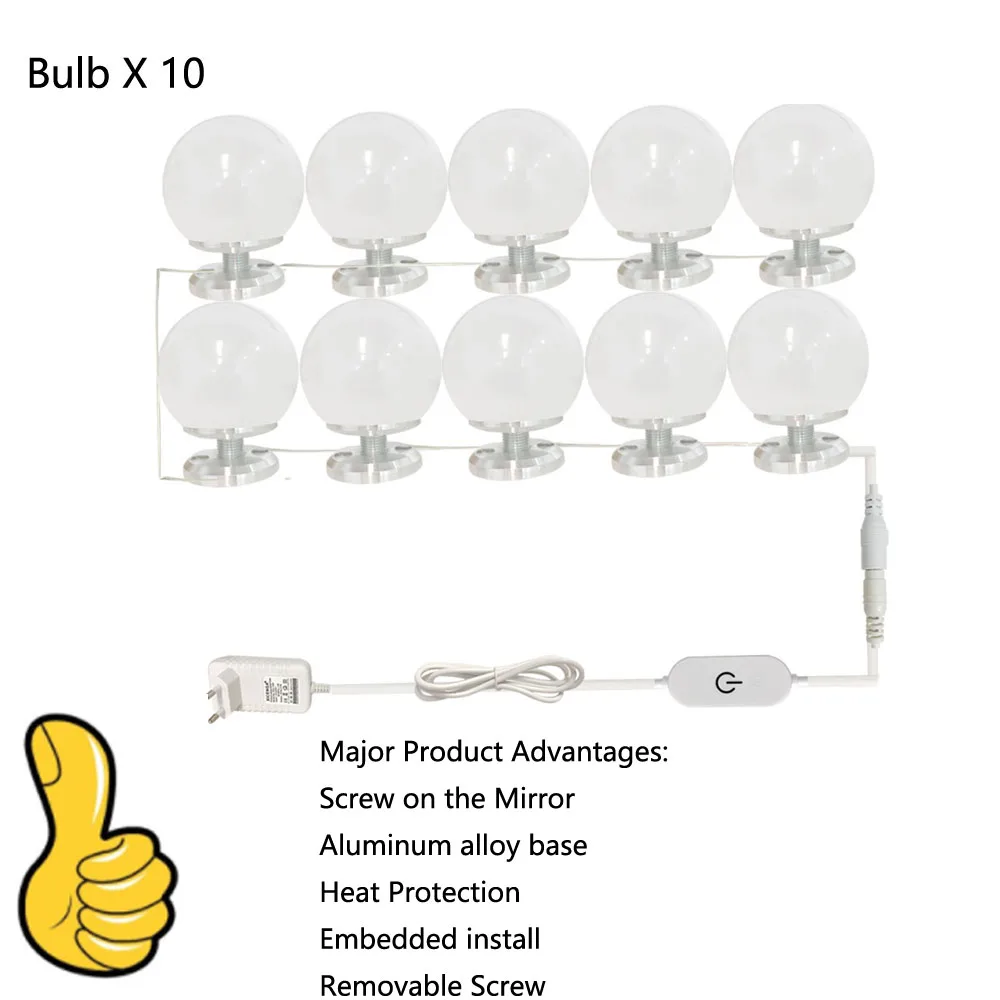 EU Plug 12V 10LEDs Светодиодный светильник-зеркало для макияжа, голливудский туалетный светильник с бесступенчатой регулируемой яркостью, настенный светильник EU/USB, 6, 10, 14 ламп, комплект для туалетного столика - Испускаемый цвет: EU Plug 12V 10LEDs