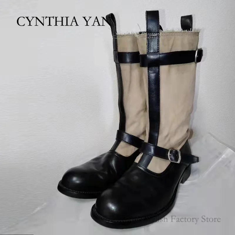 

Hot Sale Warm Snow Boots Women Winter Shoes Suede Knee High Boots Ladies Fashion Low Heels Mixed Color Belt Long Boots Female