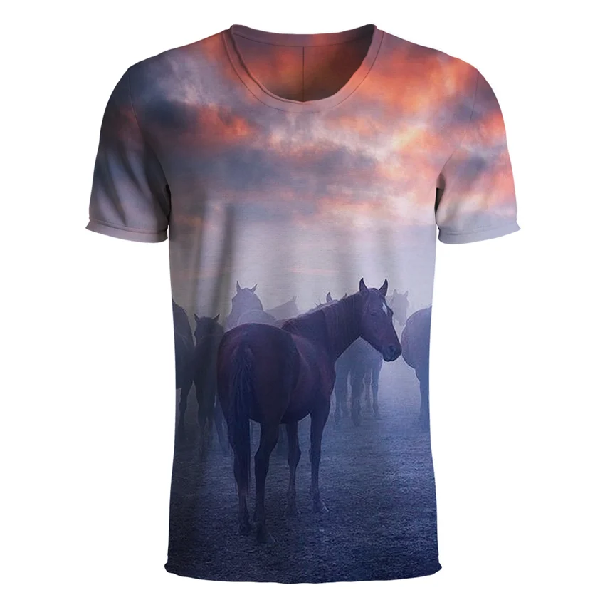 

KISSQIQI 2020 New 3D Printed T-shirt Trend Digital Animal Mustang Men's Short Sleeve Maximum Size 5XL