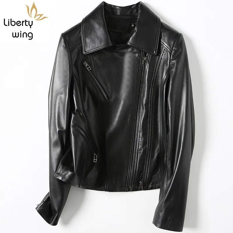 Harajuku Motorcycle Genuine Leather Coats Women Slim Fit Fashion Black Sheepskin Biker Jacket Lapel Casual Female Clothes New