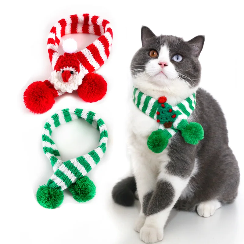 

Christmas Pets Knitted Scarf Red& Green Striped Cats Neckchief Winter Warm Dogs Collar Xmas Party Kitten Necklace