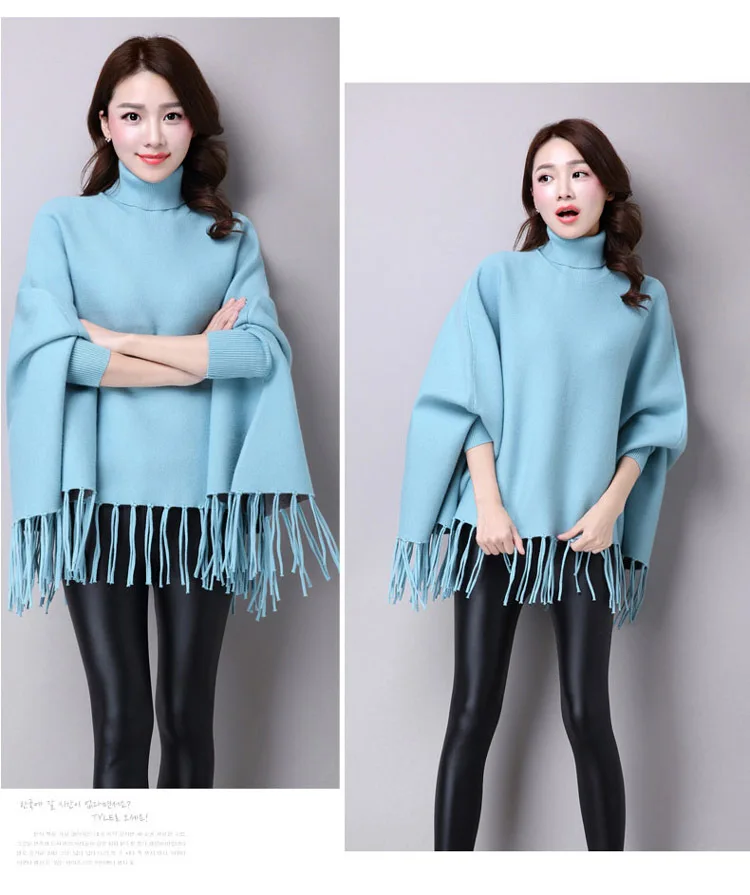 

Women'S Autumn 2021 New Fashion Blue Knit Tops Loose Pullover Sweater Batwing Sleeve Cape Coat Lady Turtleneck Tassel Sweater
