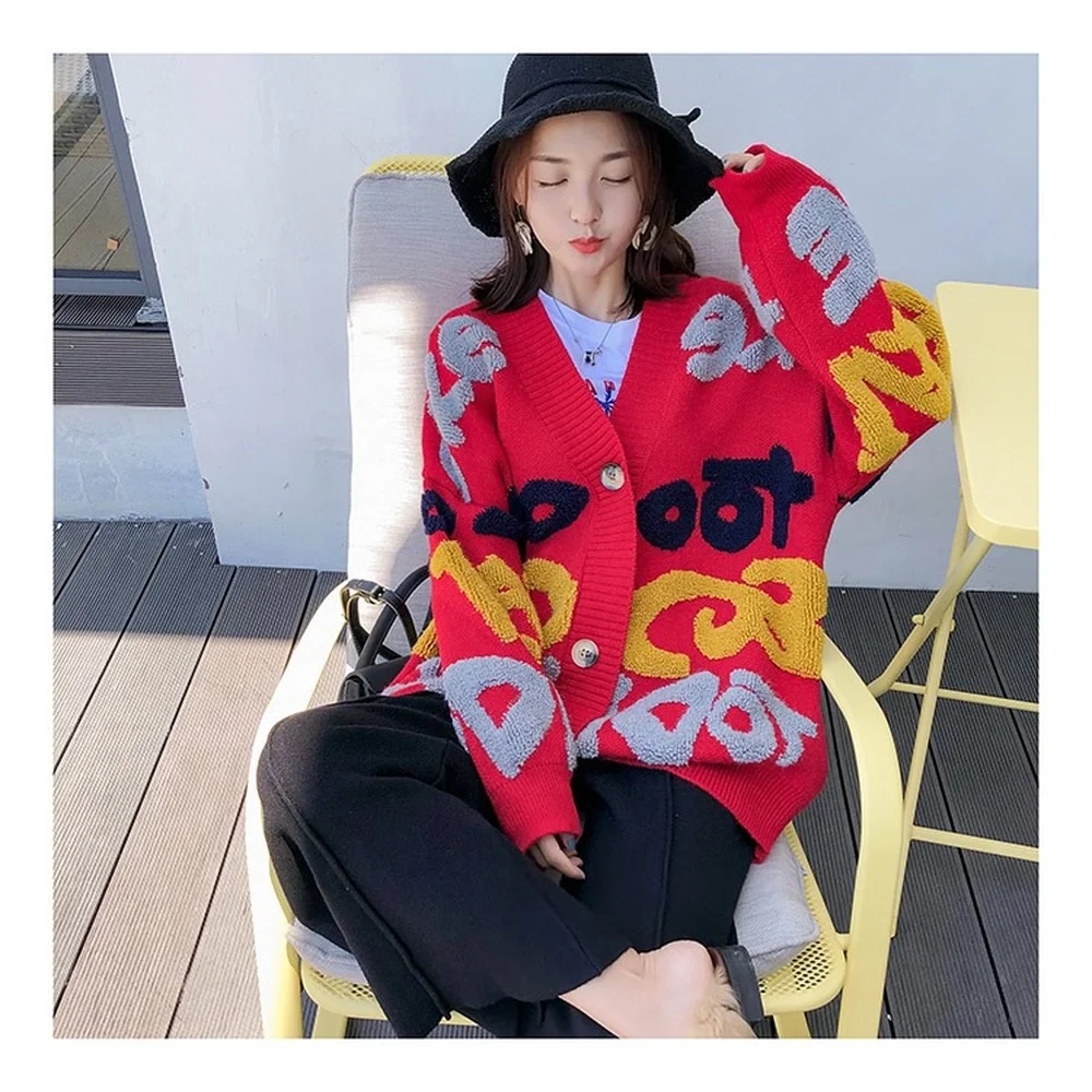 

Осенний вязаный свитер с рукавом «летучая мышь», однобортный Винтажный Длинный кардиган с буквенным принтом, повседневное теплое зимнее пальто