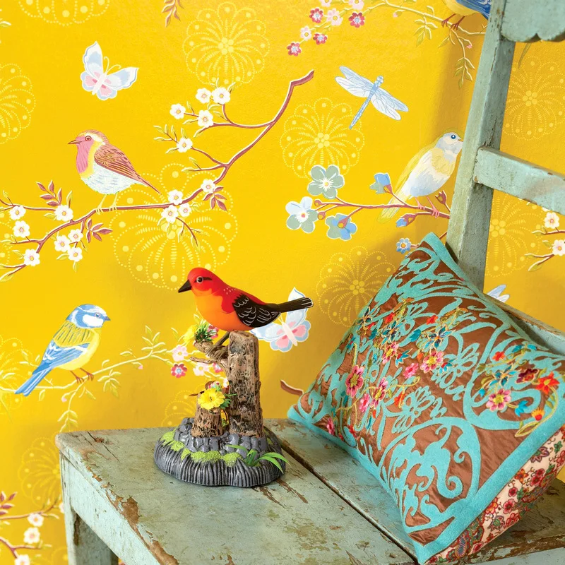 

Американские обои пасторальные цветы и птицы маленькие свежие цветочные обои синие Желтые Простые современные фоновые стены для гостиной