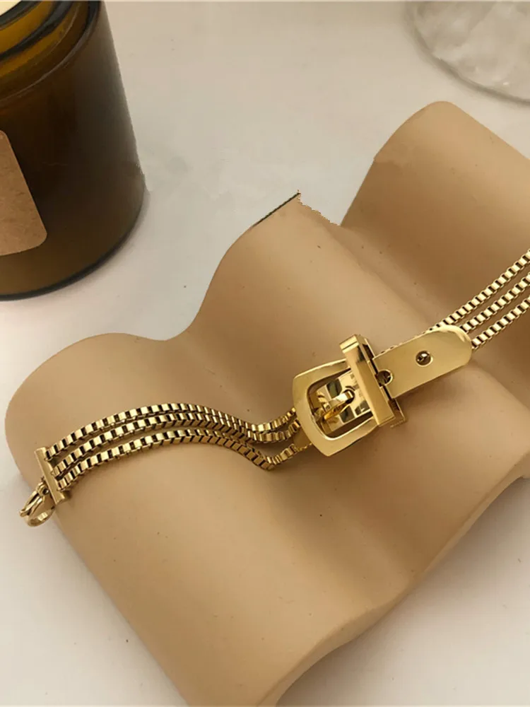 

HANGZHI 2020 New Hip Hop Punk Trend Design Sense Belt Buckle Metal Street Three-layer Chain Bracelet for Women Girl Men Jewelry