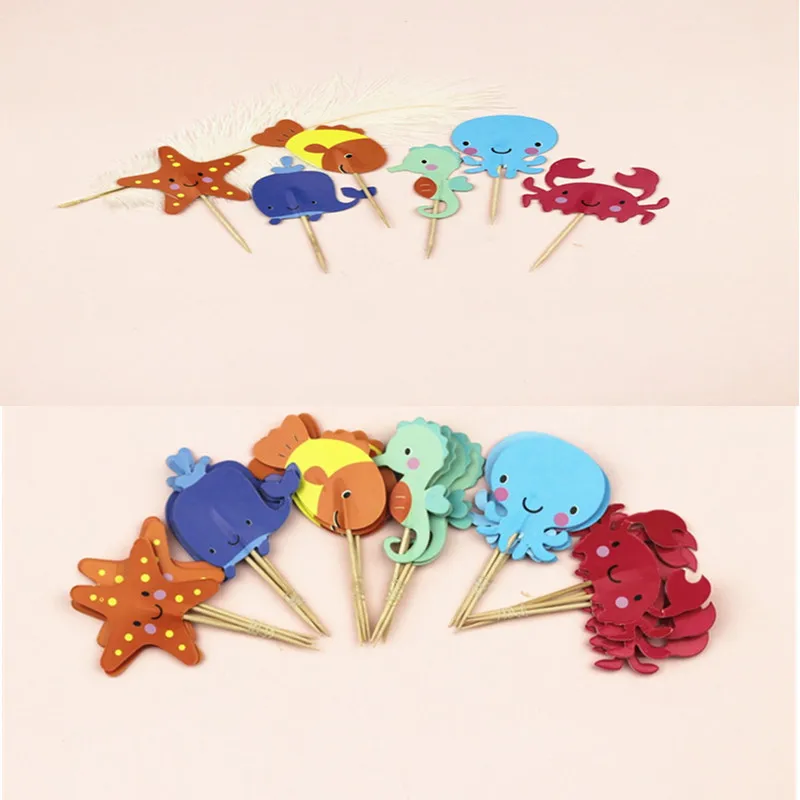 Креативные флаги для торта с изображением океана Мультяшные животные украшение