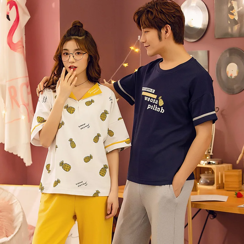 Парные пижамные костюмы для мужчин и женщин с коротким рукавом хлопковая Милая