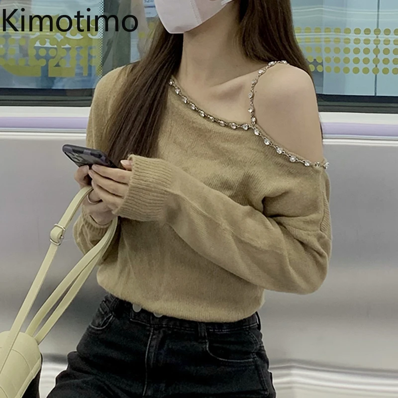 

Kimotimo дизайнерский вязаный пуловер с открытыми плечами женский корейский шикарный темпераментный Стразы Топ с длинным рукавом осенне-зимни...