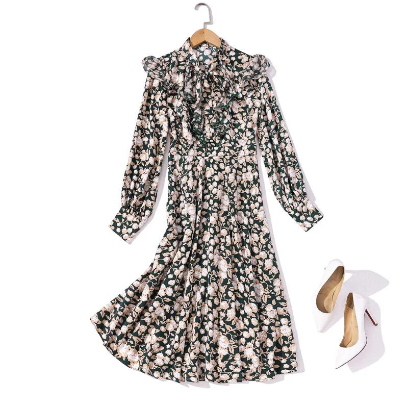 

Runway Spring Summer New Women'S Ruffled Patchwork Long Sleeve Print Vintage Fashion Gorgeous Party Vacation Midi Dress