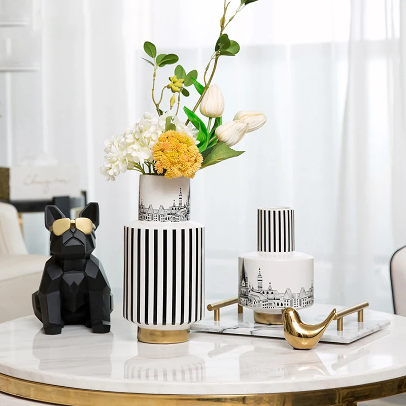 

Ceramic Architecture Vase Desktop Flower Arrangement Container Living Room Office Black and White Vertical Pattern Art Ornaments