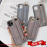 vintage england grid pu leather phone case for soft cases for iphone 12 mini 11 pro xs max x xr 6 6s 7 8 plus wrist strap cover