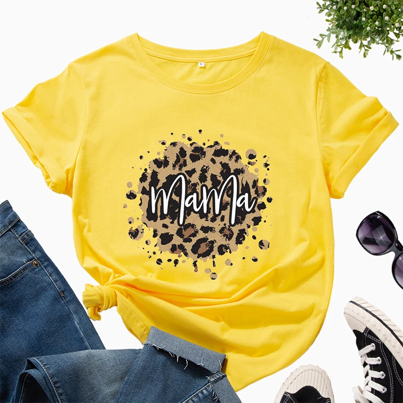

Mother's Day Leopard Print T-Shirt Women Cotton Tops O Neck Short Sleeve Pullover Tees Harajuku Basic Tee-Shirt Female Clothes