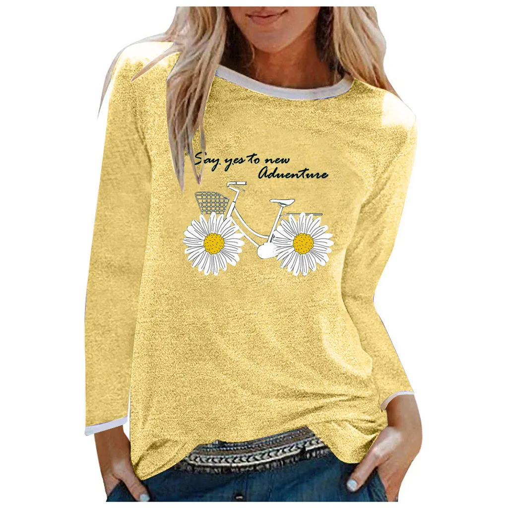 Feitong Women Summer Tshirt 2021 Daisy And Bike Printing Loose T Shirt Long Sleeve T-Shirt Casual Tunic Tops camiseta mujer New | Женская