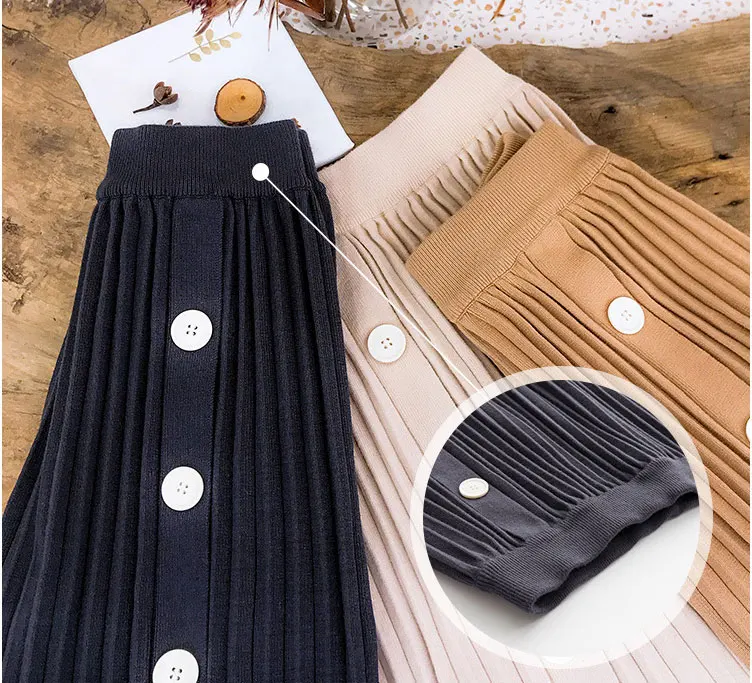 Осенне-зимние эластичные юбки с высокой талией для женщин s Faldas Mujer Moda Jupe вязаные плиссированные юбки женские тонкие юбки на пуговицах