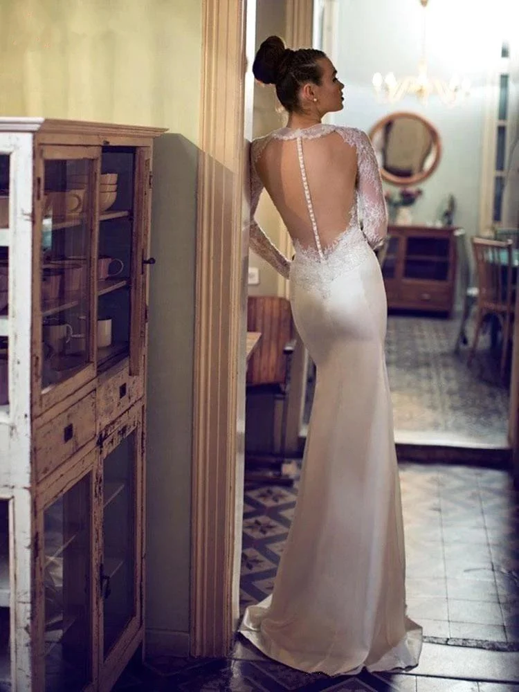 Сексуальные свадебные платья с открытой спиной и длинным рукавом кружевные