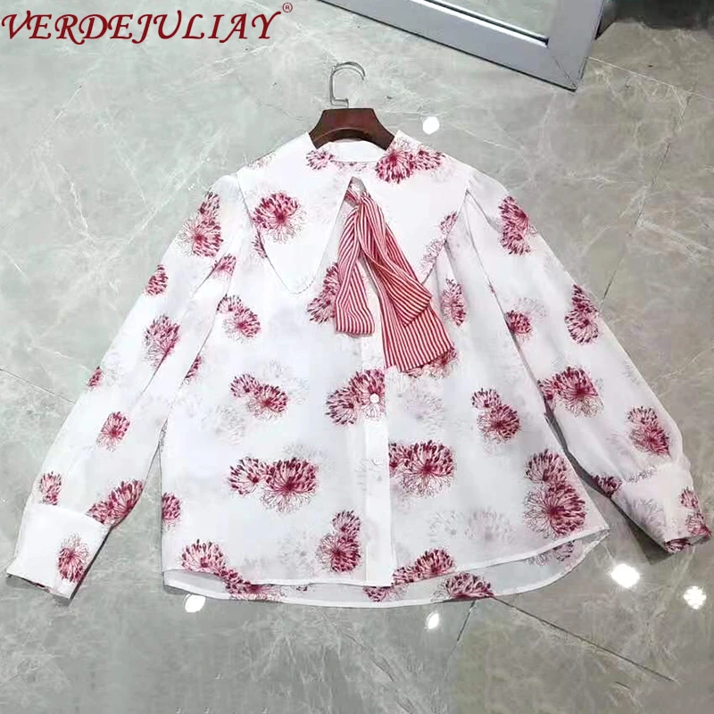 Блузка женская демисезонная в полоску с бантом и цветочным принтом | Женская