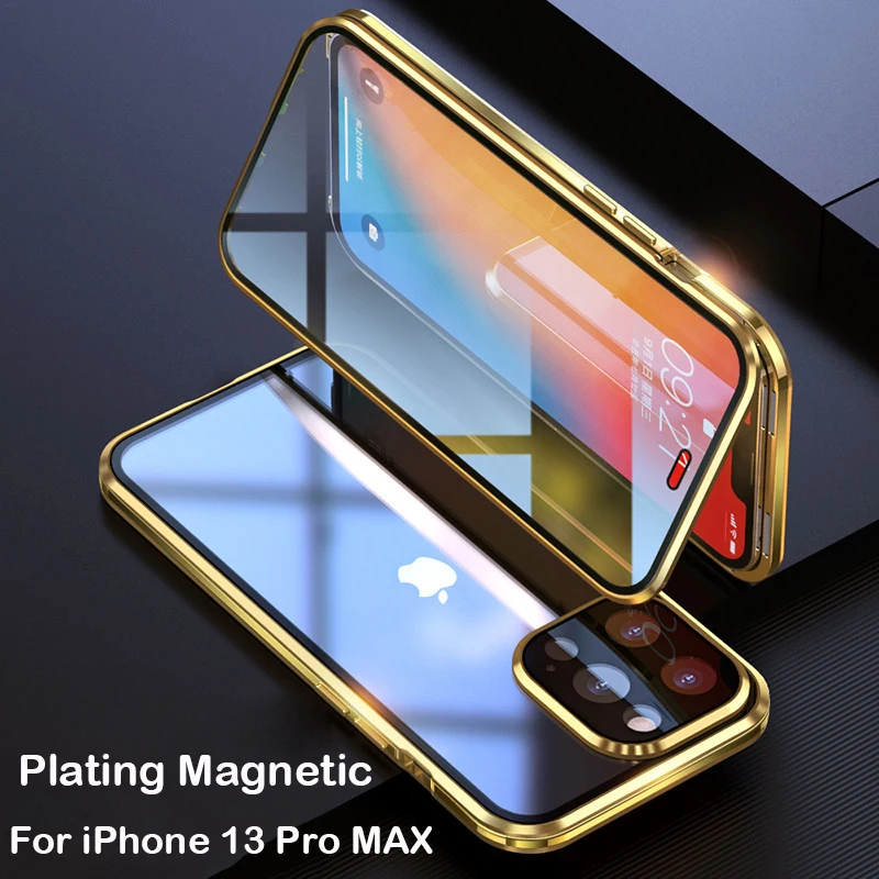 

Plating Magnetic Case For iPhone 13 Pro MAX 13 Mini Case Aluminum Bumper Tempered Glass Metal Camera Lens Protector Film Cover