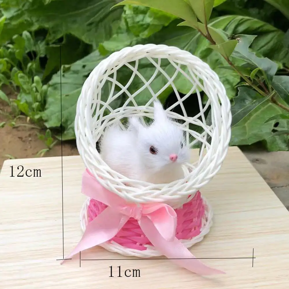 

Simulation Faux Fur Rabbit Sitting in Basket Figurine Toy Home Party Table Ornament Easter Birthday Gift