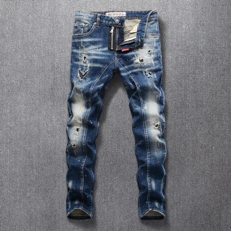 

Italian Style Fashion Men Jeans Retro Blue Slim Fit Elastic Ripped Jeans Men Punk Pants Spliced Designer Hip Hop Jeans Homme