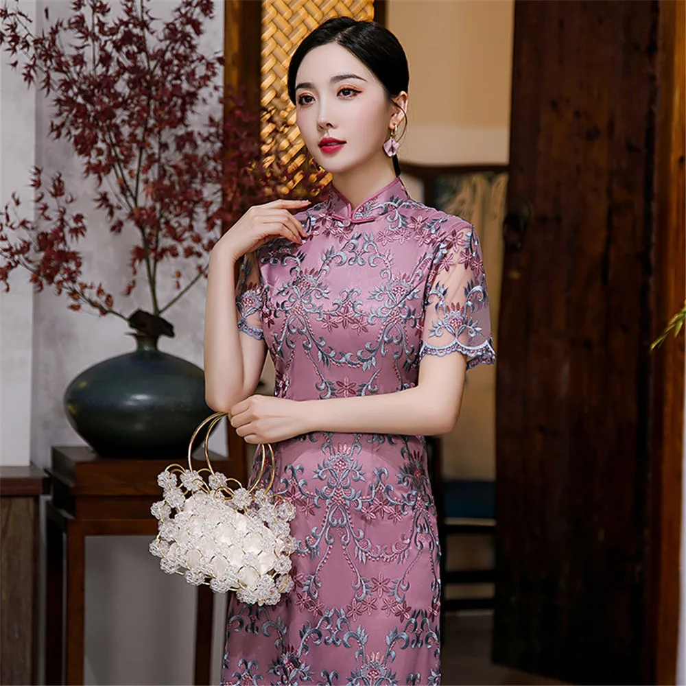 

Традиционное китайское платье Qipao для женщин, винтажные элегантные фиолетовые сетчатые платья с вышивкой, вечерние ское праздничное платье...